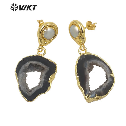 WT-E639 New Natural Black Geode Agate Earrings for Women Fashion Gold Electroplated Real Druzy Stone Dangle Earrings with Pearl