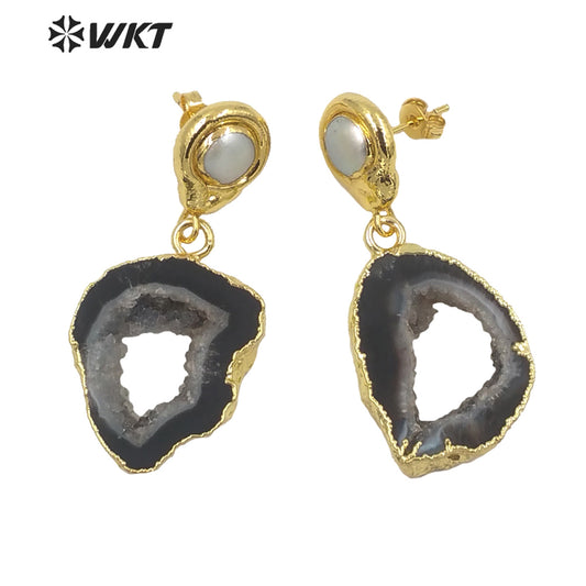 WT-E639 New Natural Black Geode Agate Earrings for Women Fashion Gold Electroplated Real Druzy Stone Dangle Earrings with Pearl