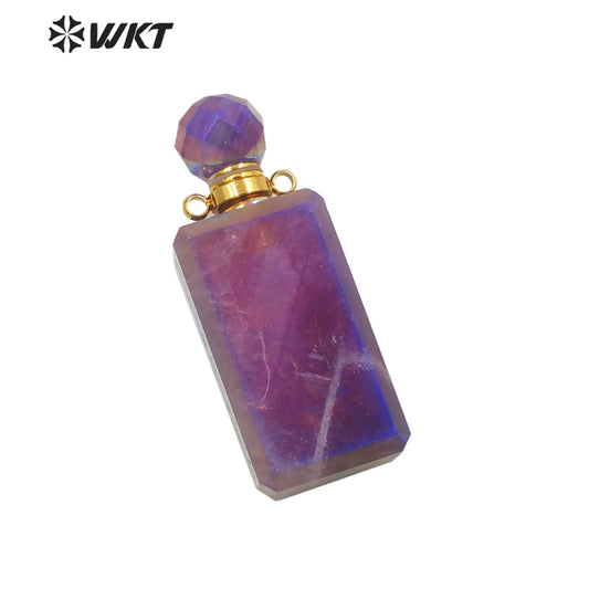 WT-P1645 Wholesale Newest Long square Amethyst Perfume Bottle Pendant for Necklace Design Stainless Steel Essencial Oil Bottle