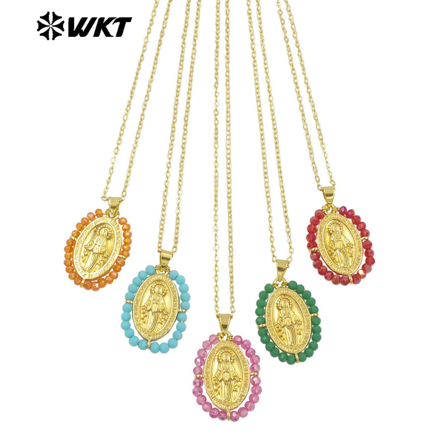 WT-MN985 WKT New Hot Design Christian Metal Carved With Colorful Crystal Beads Wire Wrapped Religious Necklace