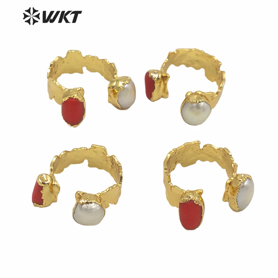 WT-MPR010 Amazing WKT Exclusive Resist Tarnish Gold Electroplated Red Coral Pearl Ring Women Fashion Brass Gold Cocktail Rings