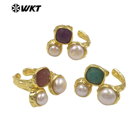 WT-MPR160 Wholesale Gold Electroplated Double Natural Freshwater Pearls And Stone Rings For Female Daily Decoration Jewelry