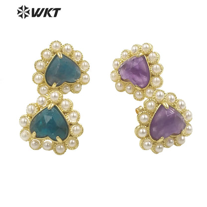 WT-MPE122 Amazing Fashion Gold Plated Natural Gemstone Heart Studs 18k Gold Plated Amethyst Gorgeous Studs
