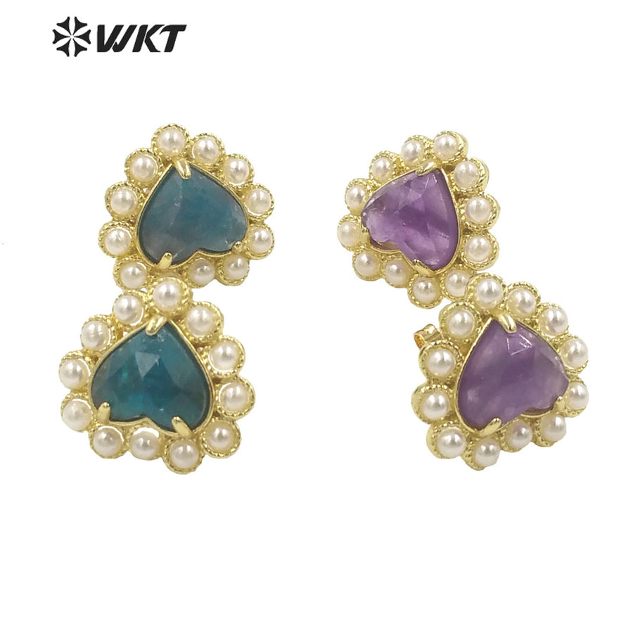 WT-MPE122 Amazing Fashion Gold Plated Natural Gemstone Heart Studs 18k Gold Plated Amethyst Gorgeous Studs