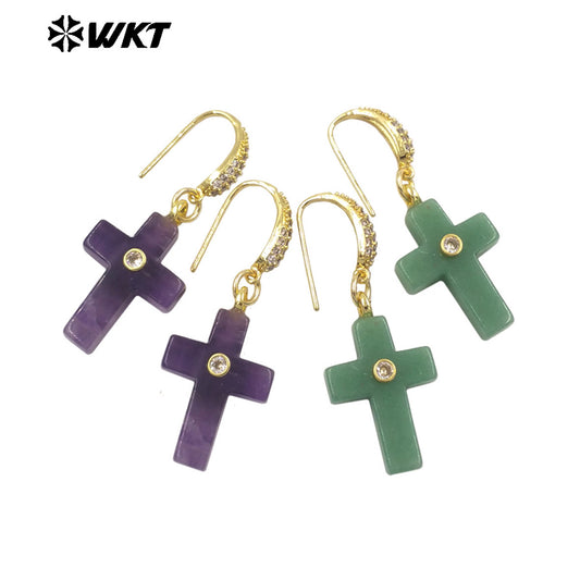 WT-E819 Popular Fashionable Zircon And Natural Gemstones Cross Design Gold Earrings As Female Wedding Matching Jewelry