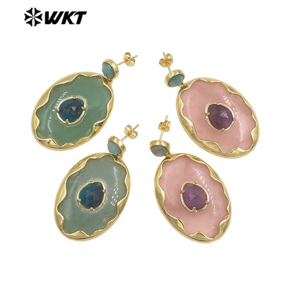 WT-E801 Gorgeous Romantic Style Gold Plated Various Natural Gemstones Big Pendant Earrings For Women Wedding Wearing Jewelry