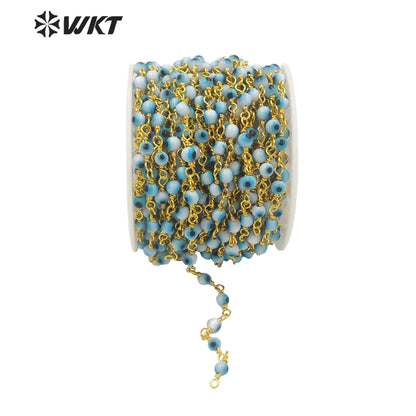 WT-RBC185 Wholesale Gold and Black Gund Electroplated 4 mm Glass Evil Eye Beads Chain for Jewelry Making Chain Round Rosary Eye