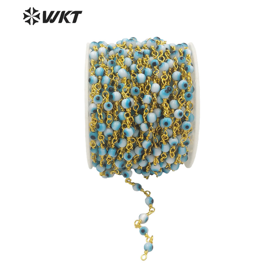 WT-RBC185 Wholesale Gold and Black Gund Electroplated 4 mm Glass Evil Eye Beads Chain for Jewelry Making Chain Round Rosary Eye