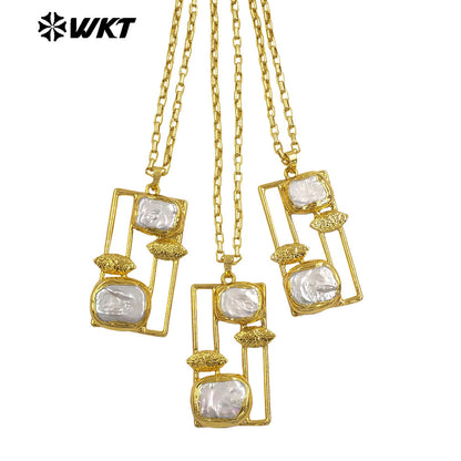 WT-JN334 Wholesale Natural Double Freshwater Pearls Gold Plated Rectangle Big Pendant Necklace For Unique Party Jewelry