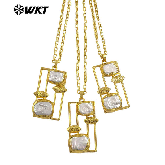 WT-JN334 Wholesale Natural Double Freshwater Pearls Gold Plated Rectangle Big Pendant Necklace For Unique Party Jewelry