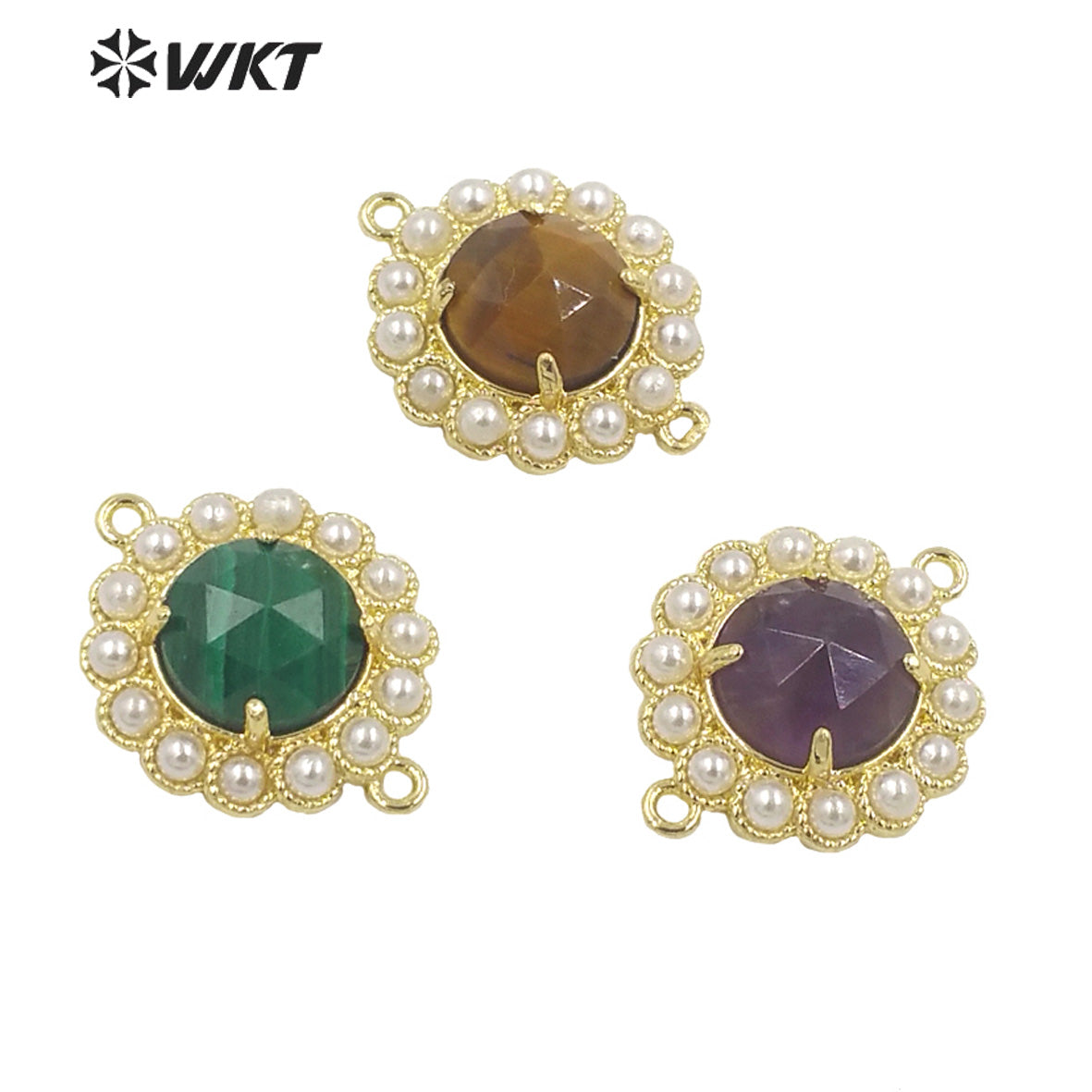 WT-PC005 Wholesale Fashion Gold Plated Double Loops Round Stone With Shell Pearl Around With Claw Setting Connector Findings