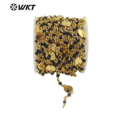 WT-RBC148 Wholesale Natural Black Agate Beads Chain Stylish Gold Plated Black Agate Rosary Beads Chain for DIY Jewelry Making