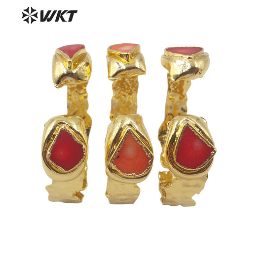 WT-B513 New 2020 Exclusive Hammer Vintage Bangle Red Coral Bracelet Chic Women Fashion Bangle in 18k Gold Plated
