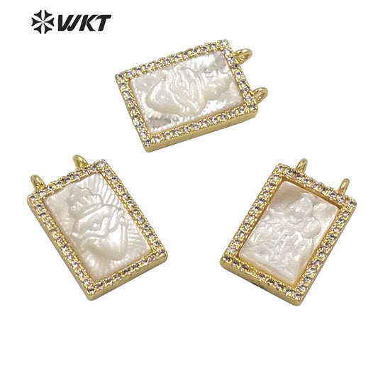 WT-MP181 Wholesale Unique Double Loops Micro Pave Bezel Seting Natural Christian Religious MOP Heart Pendant 11x16mm