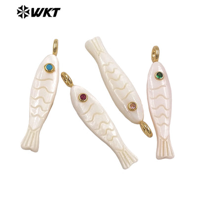 WT-JP525 Hot Popular Colorful Zircon And Natural White Shell Carved Fish Shape Pendant For Women Fashion Necklace DIY Making