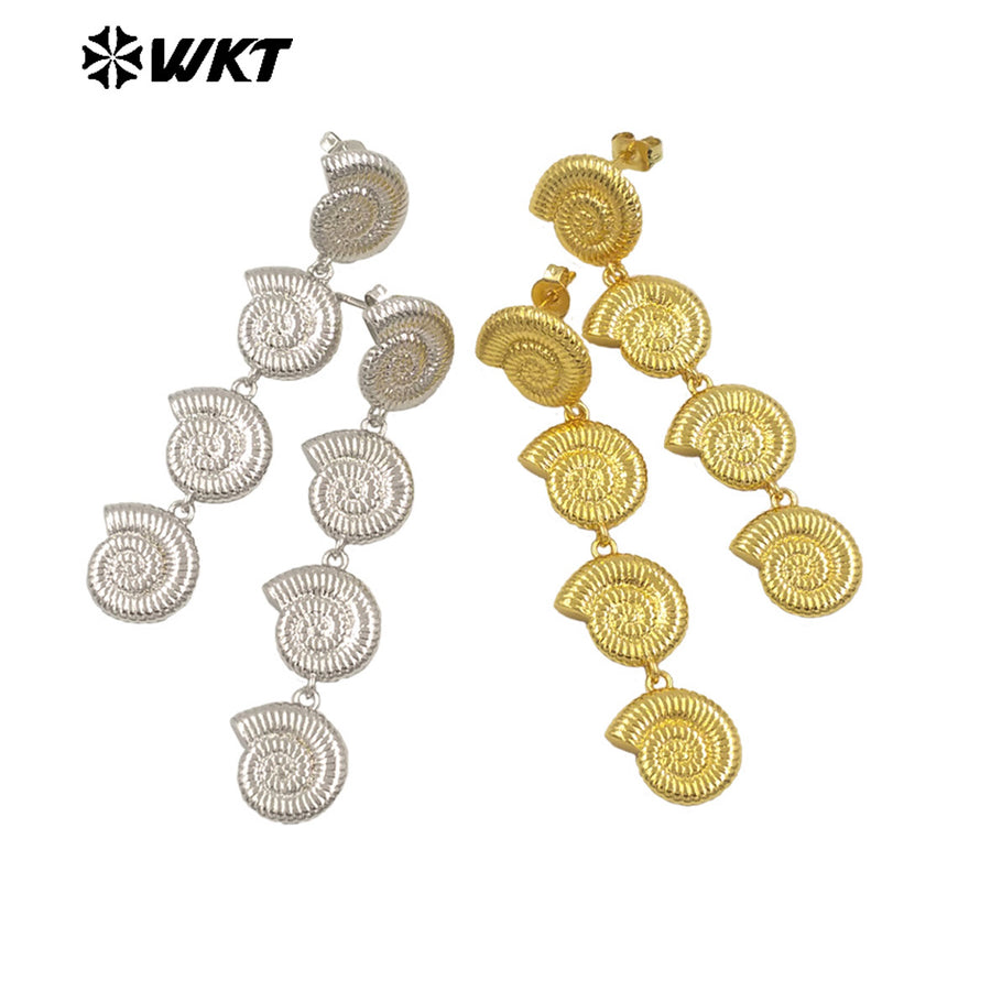 WT-E763 Wholesale New Products 18K Gold Plated and Silver Conch Shell Shape Long Earrings for Women Suitable for Beach Vacations