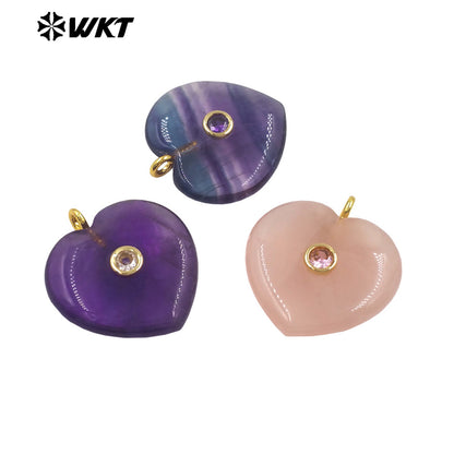 WT-P2087 Lovely Gold Plated Zircon Setting In Natural Gemstone Heart Shape Pendants For Women Romantic Necklace DIY Design