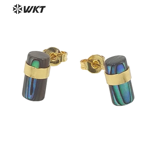 WT-MPE053 Gorgeous High Quality Stick Shape Natural Green Abalone Shell Studs Gold Electroplated Cube Elegant Bohemian Earrings