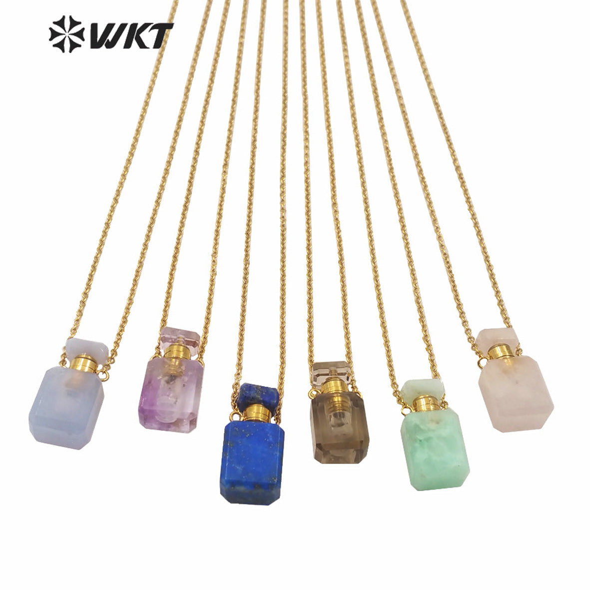 WT-N1239 Amazing Gold Electroplated Mini Cabochon Faceted Natural Stone Perfume Bottle Necklace Women Hot Essential Oil Necklace