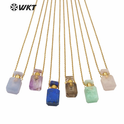 WT-N1239 Amazing Gold Electroplated Mini Cabochon Faceted Natural Stone Perfume Bottle Necklace Women Hot Essential Oil Necklace
