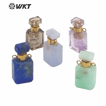 WT-P1573 WKT New Design Small Natural Stone Perfume Bottle Pendant Double Loops Gold Faceted Stone Carved Cube Perfume Bottle