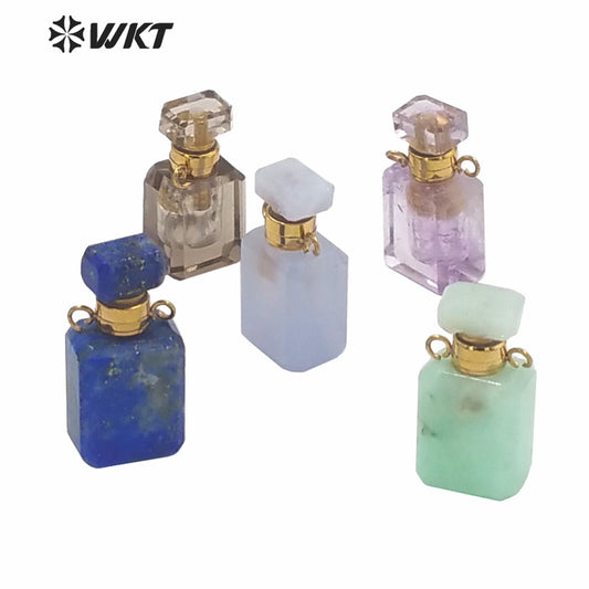 WT-P1573 WKT New Design Small Natural Stone Perfume Bottle Pendant Double Loops Gold Faceted Stone Carved Cube Perfume Bottle