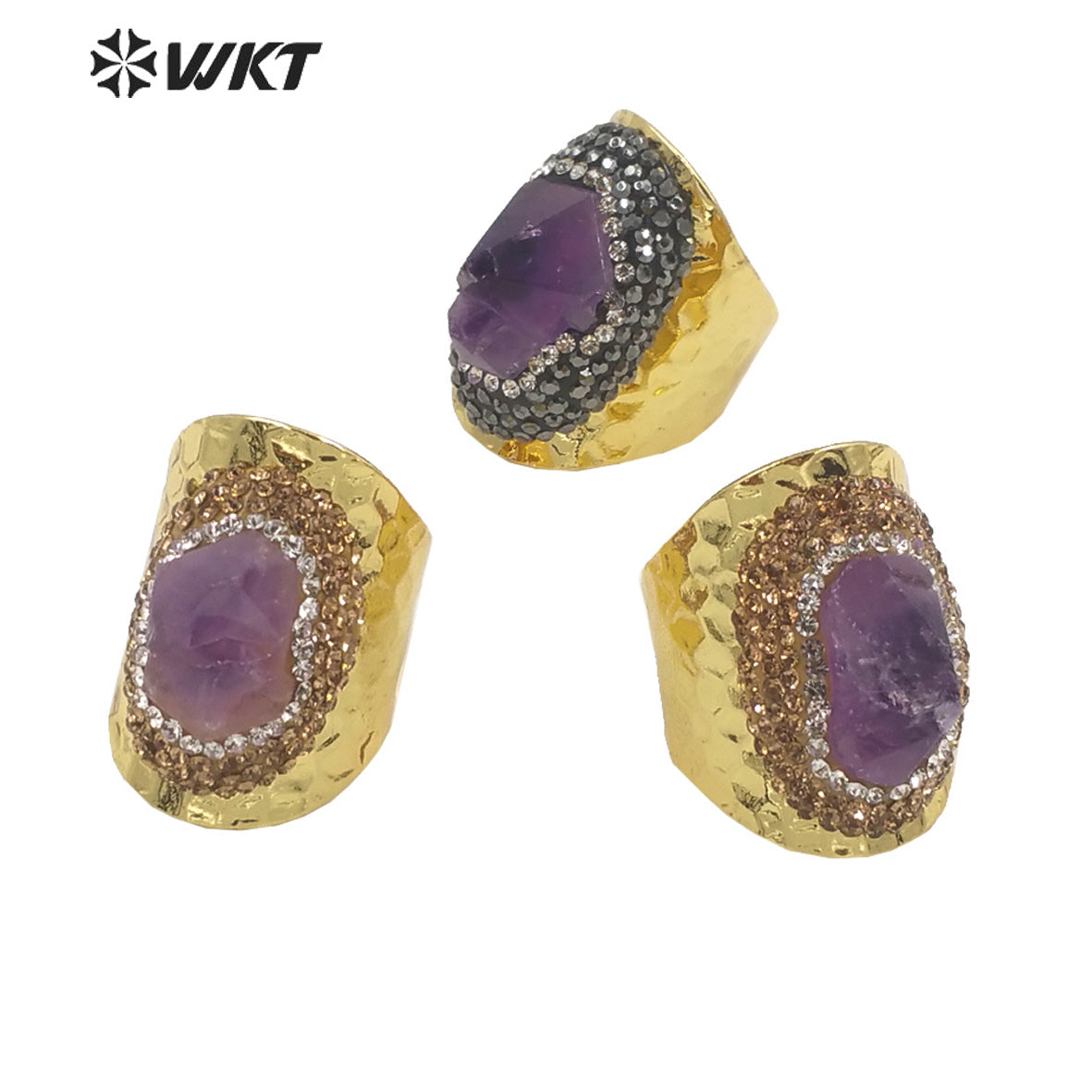 WT-R447 WKT New Design Natural Brazil Cluster Amethyst Stone Ring Fashion Gold Rhinestone Ring for Party Lucky Ring