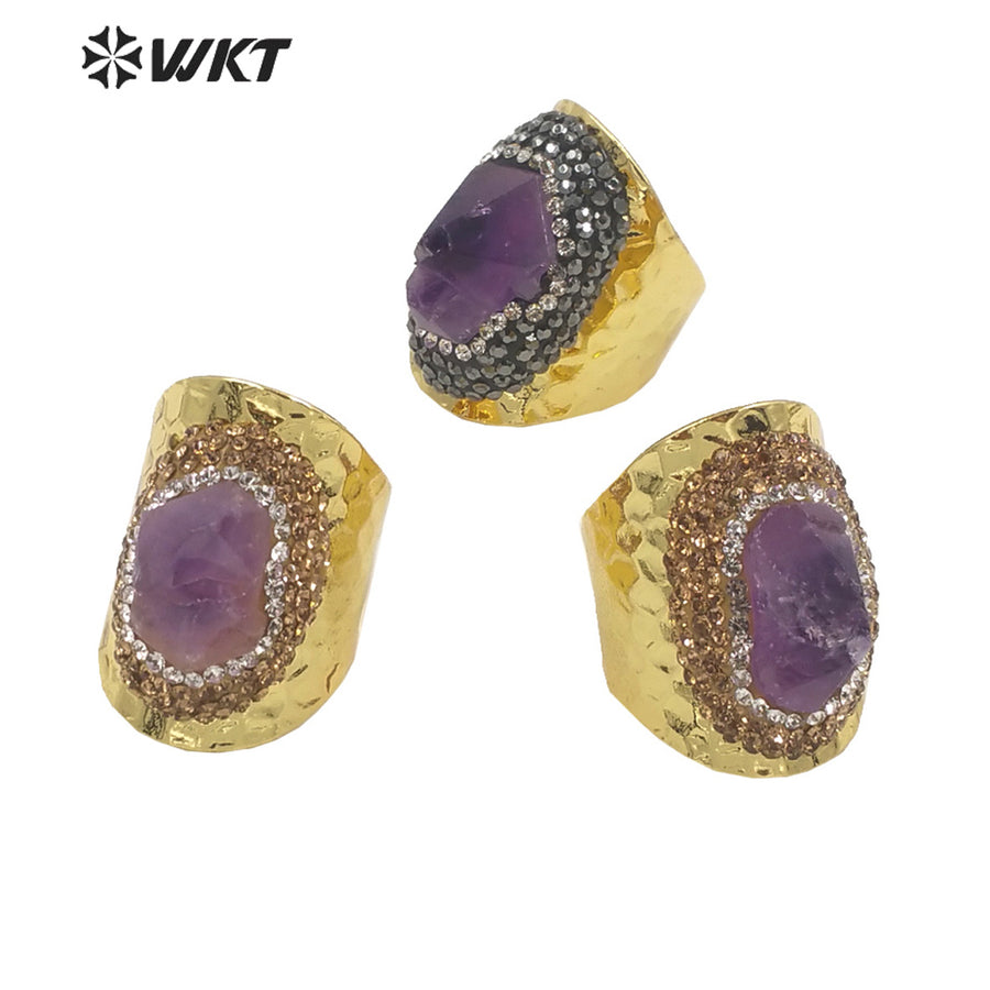 WT-R447 WKT New Design Natural Brazil Cluster Amethyst Stone Ring Fashion Gold Rhinestone Ring for Party Lucky Ring