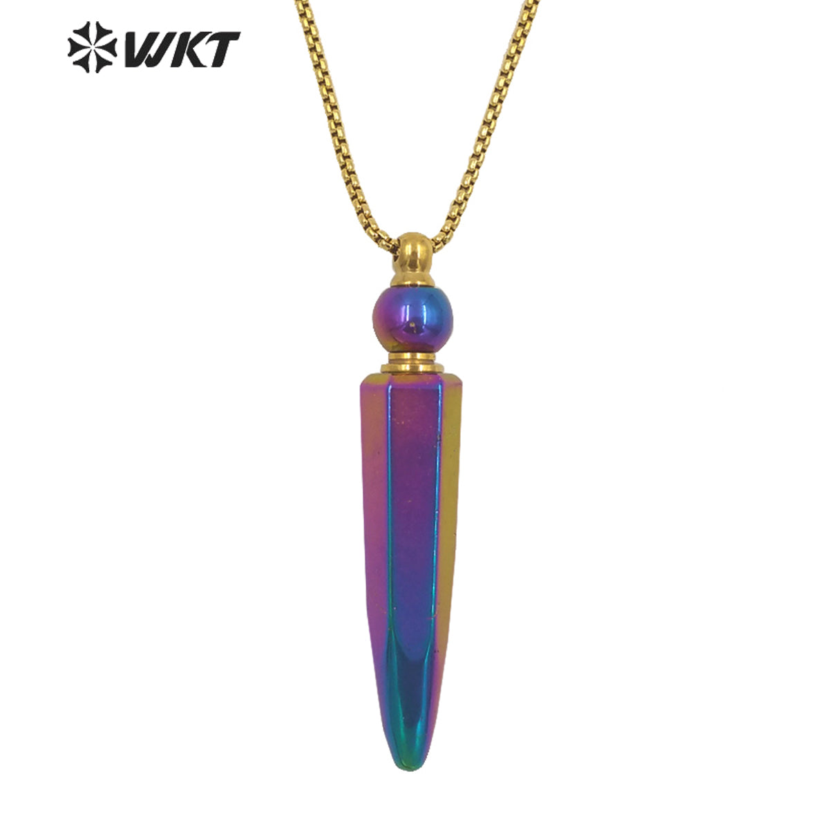 WT-N1281Wholesale Gold Titanium Electroplated Rainbow Blue Crystal Quartz Perfume Bottle Necklace for Essencial Oil