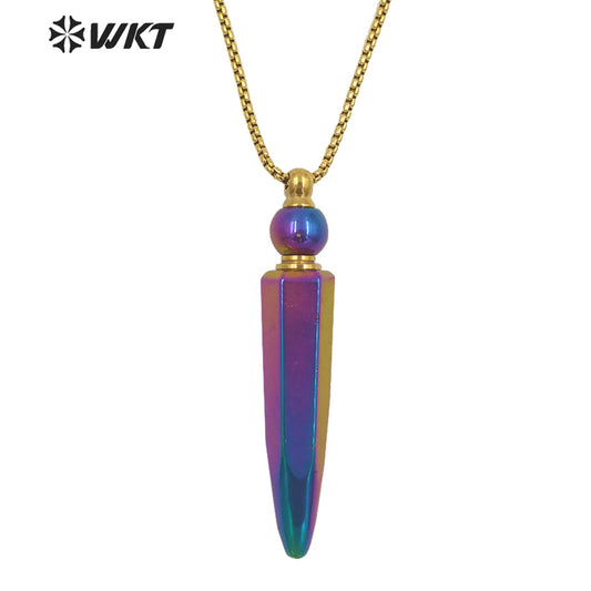 WT-N1281Wholesale Gold Titanium Electroplated Rainbow Blue Crystal Quartz Perfume Bottle Necklace for Essencial Oil