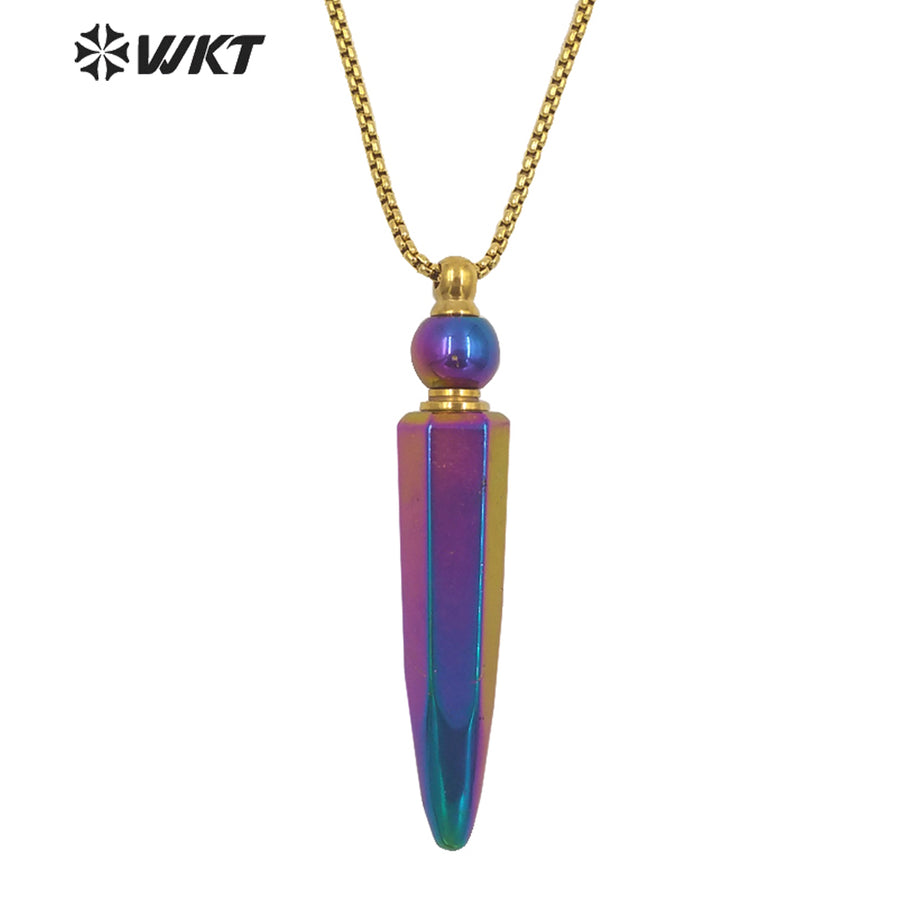 WT-N1281Wholesale Gold Titanium Electroplated Rainbow Blue Crystal Quartz Perfume Bottle Necklace for Essencial Oil