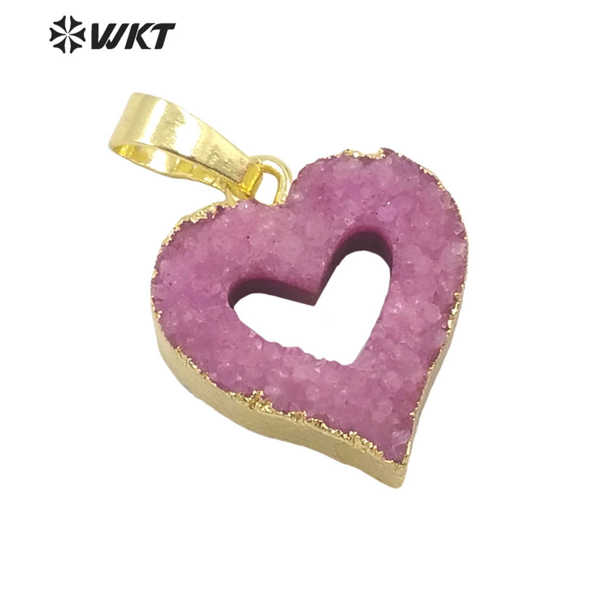 WT-P1668 Wholesale Fashion Small Hollow Heart Druzy Quartz Pendant Resist Tarnishable Gold Trim Druzy Heart Pendant