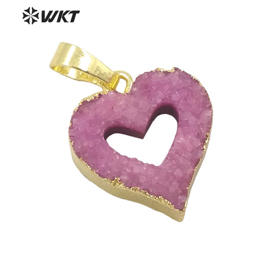 WT-P1668 Wholesale Fashion Small Hollow Heart Druzy Quartz Pendant Resist Tarnishable Gold Trim Druzy Heart Pendant