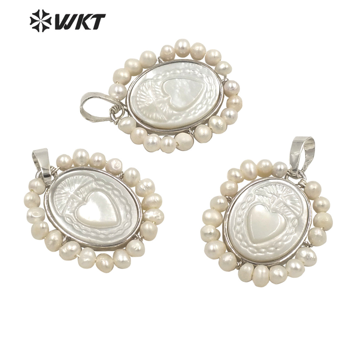 WT-JP254 Hot Handmade Carved White Shell Sacred Heart Pendant Women Wire Wrapped With Pearl Charm in Mary Heart Shell