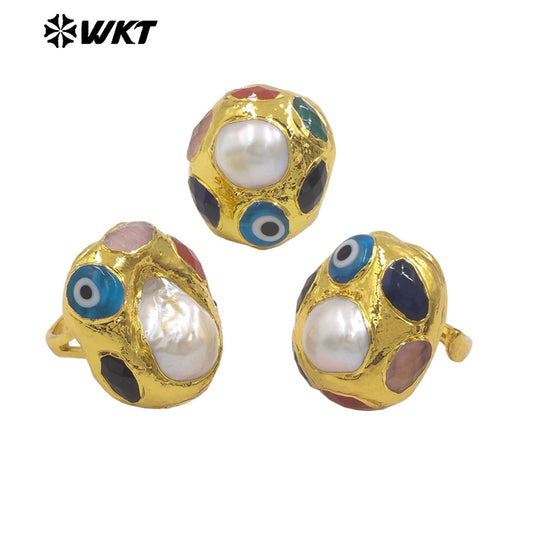 WT-MPR143 Newest Unique Design Adjustable Size Gold Plated Natural Stone With Irregular Baroque Pearl Rings Fashion Accessories