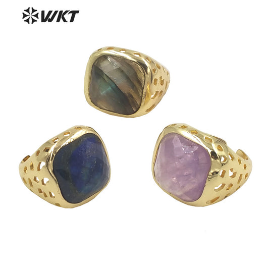 WT-R442 Wholesale Fashion 18k Gold Plated Resist Tarnishable square Gemstone Women Ring Amethyst Bezel Setting Jewelry Ring