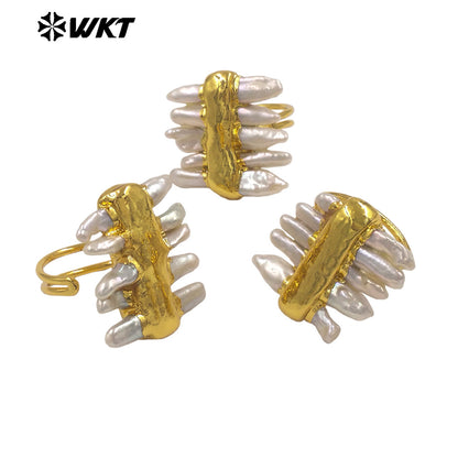 WT-MPR161 Newest 18K Gold Plated Multi Natural Freshwater Pearls Women Adjustable Ring As Friends Birthday Present Jewelry