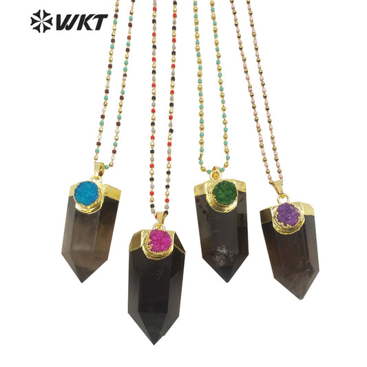 WT-N1289 Charming 18k Real Gold Plated Smoky Quartz with Druzy Hexagon Quartz Point Necklace Populared Spirit Quartz Necklace