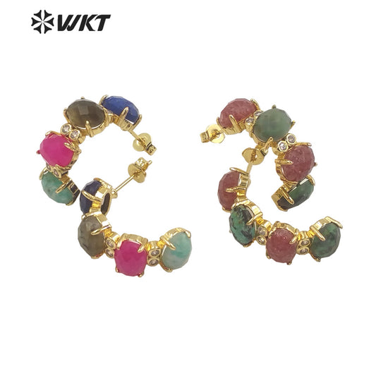 WT-ME105 Wholesale Newest Vintage Style Colorful Natural Gemstone Fashion Light Luxury C Shaped Micro Paved Earrings Studs