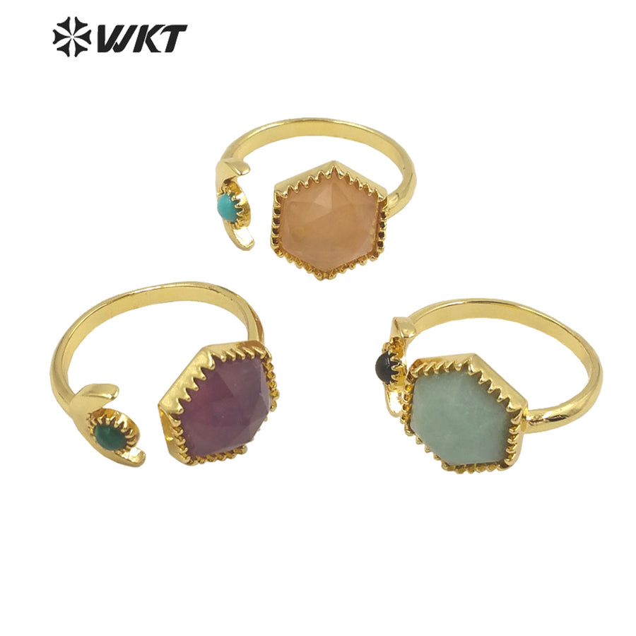 WT-R426 Delicate Fashion Gold Open Size Double Stone Ring Natural Gemstone Hexagon Double Stone Gold Bezel Ring for Girls