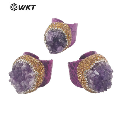 WT-R431 WKT New Design Rhinestone Hand Paved Natural Druzy Amethyst Stone Ring Women Gorgeous Genuine Leather Vintage Stone Ring