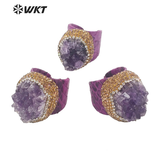 WT-R431 WKT New Design Rhinestone Hand Paved Natural Druzy Amethyst Stone Ring Women Gorgeous Genuine Leather Vintage Stone Ring