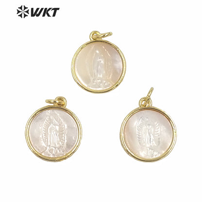 WT-MP171 Small Size Gold Bezel White Virgin Mary Pendant Lady Fashion Gold Shell 14mm Single Loop Mary Religious Pendant