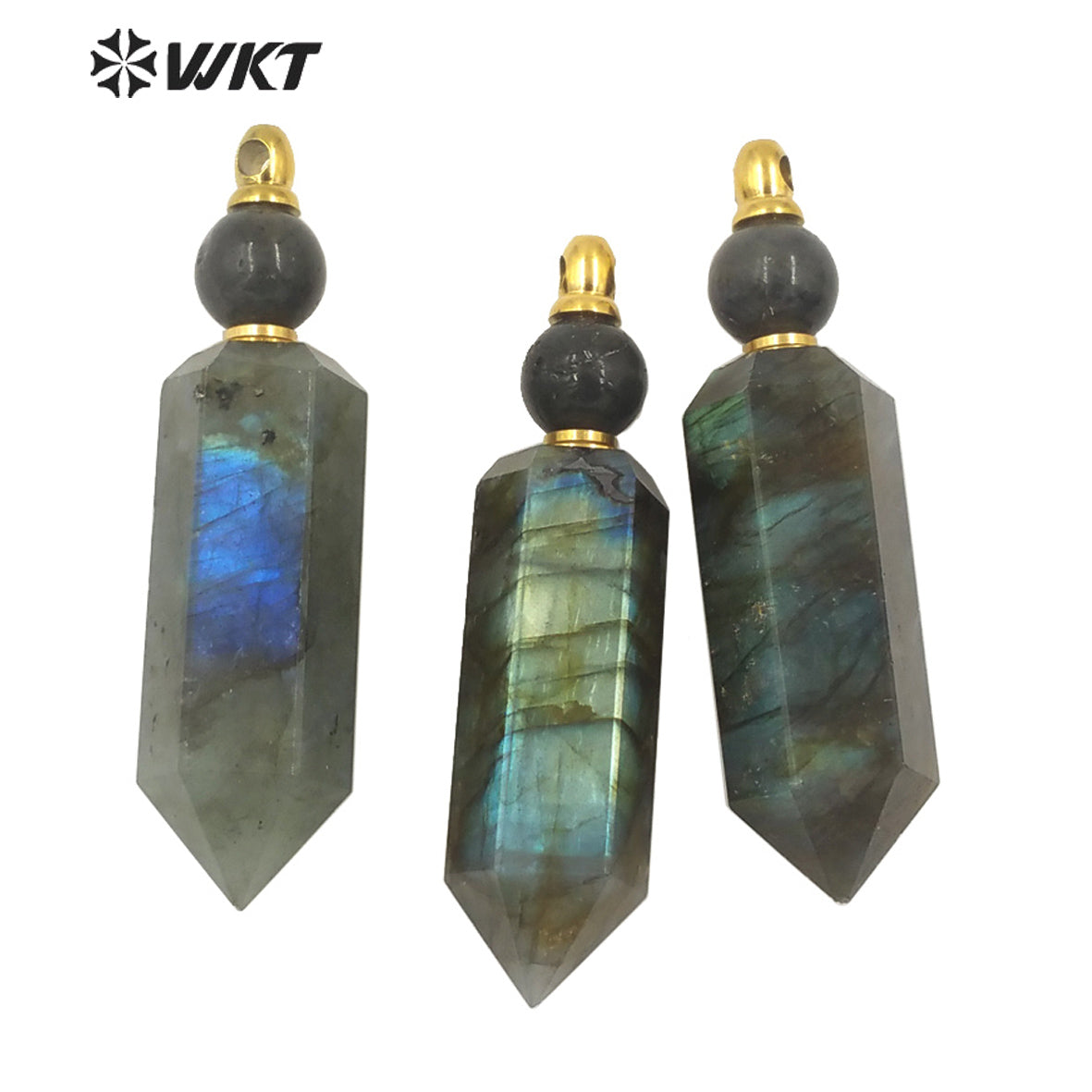 WT-P1618 New Material Flashing Natural Labradorite Hexagonal Cube Spirit Point Pendant Women Labradorite Perfume Bottle Pendant