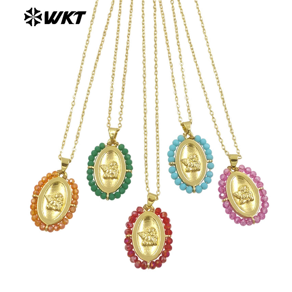 WT-MN994 2024 New Popular Gold Plated With Handmade Crystal Wire Wrapped Beads Around Angel Medal Christian Jewelry Necklace