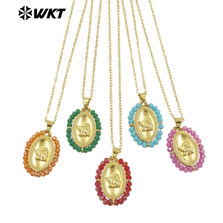 WT-MN994 2024 New Popular Gold Plated With Handmade Crystal Wire Wrapped Beads Around Angel Medal Christian Jewelry Necklace