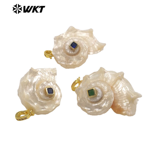 WT-JP475 New Arrival Vintage Style Zircon And Natural Trumpet Gold Pendants For Women Earrings Necklace Jewelry Making