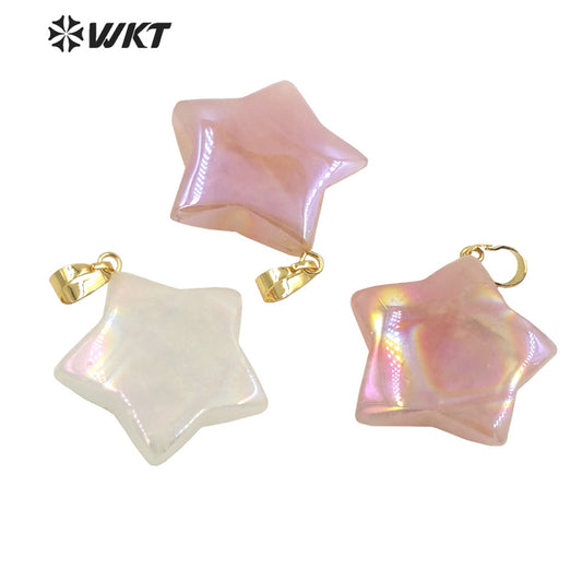 WT-P1822 Fashion Adorable Petite pink and White Star Pendant Girls Necklace Pendant 18k Gold Plated Natural Quartz Pendant