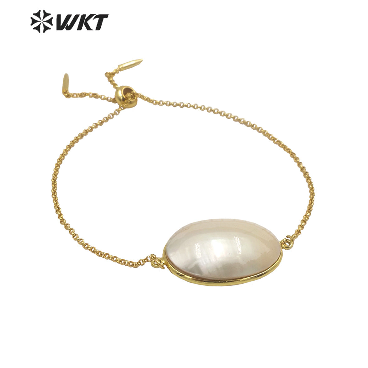 WT-MPB085 Wholesale Fashion Gold Plated Bullet Shape Chain Bracelet With Flash Mabe Shell Bracelet Women Wedding Bracelets