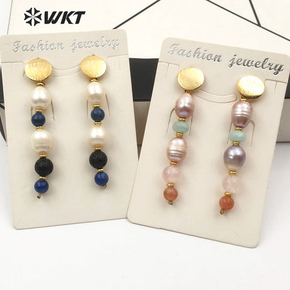 WT-E570 Wholesale Women Jewelry Pearls and Stone Beads Earrings with Gold Plated Natural Pearl and Stone Jewelry